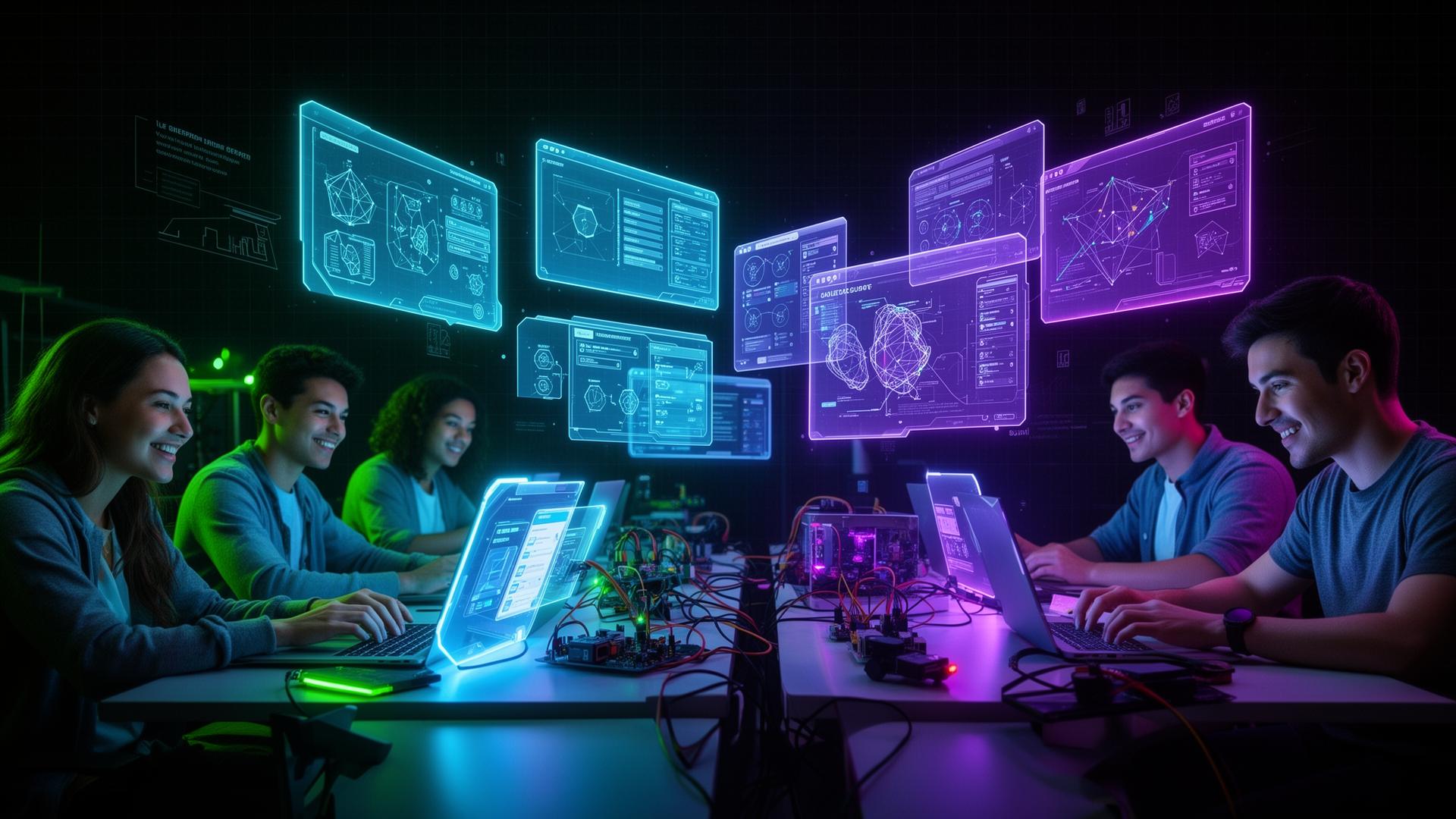 Beginner builders learning to make web apps with AI tools in a neon-lit creative workspace